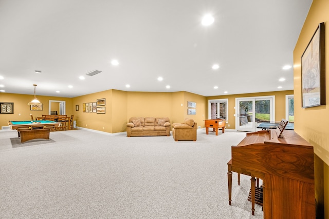 recreation room with light carpet, baseboards, visible vents, pool table, and recessed lighting