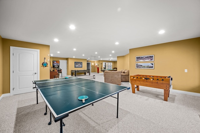 playroom with baseboards, recessed lighting, and light colored carpet