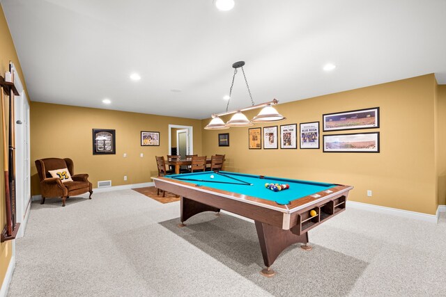 game room with baseboards, carpet flooring, visible vents, and recessed lighting