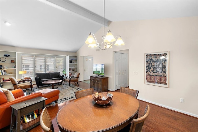 dining space featuring built in features, lofted ceiling with beams, wood finished floors, a chandelier, and baseboards