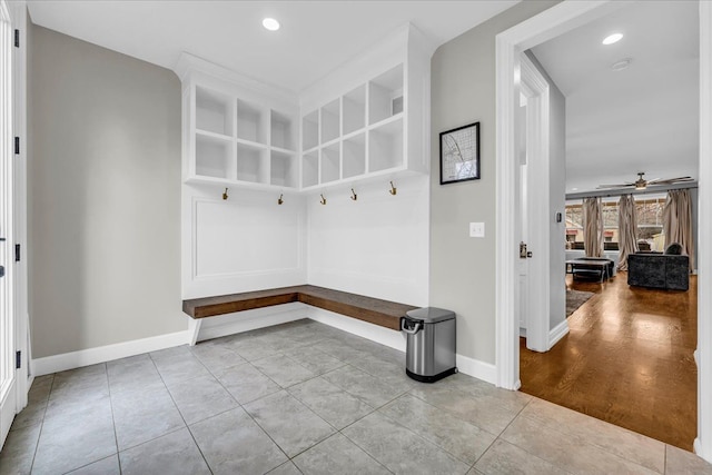 mudroom with recessed lighting, light tile patterned flooring, a ceiling fan, and baseboards