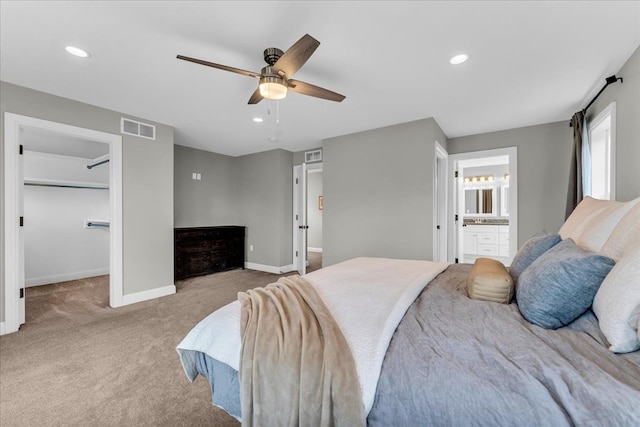 bedroom with visible vents, baseboards, ceiling fan, carpet, and recessed lighting