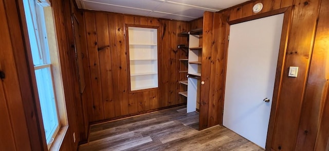 interior space featuring wooden walls and dark wood-style flooring