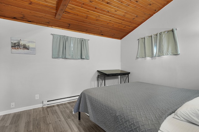 bedroom with wooden ceiling, lofted ceiling with beams, baseboard heating, and wood finished floors