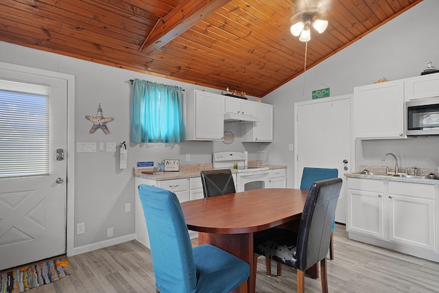 dining area featuring light wood-style floors, lofted ceiling, wood ceiling, and baseboards