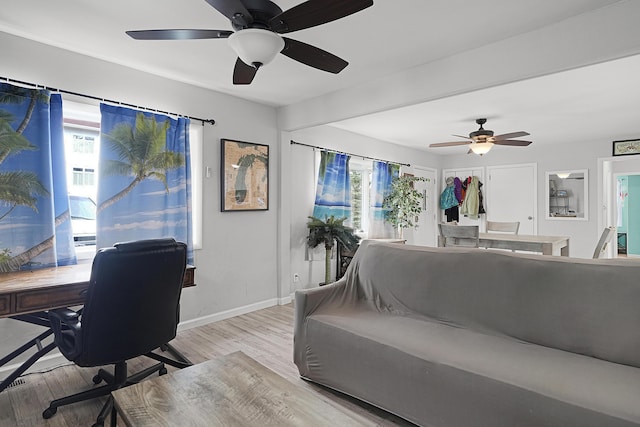 office space featuring light wood-type flooring, plenty of natural light, baseboards, and ceiling fan