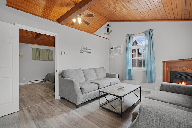 living room with lofted ceiling with beams, wooden ceiling, wood finished floors, a wall mounted air conditioner, and a glass covered fireplace