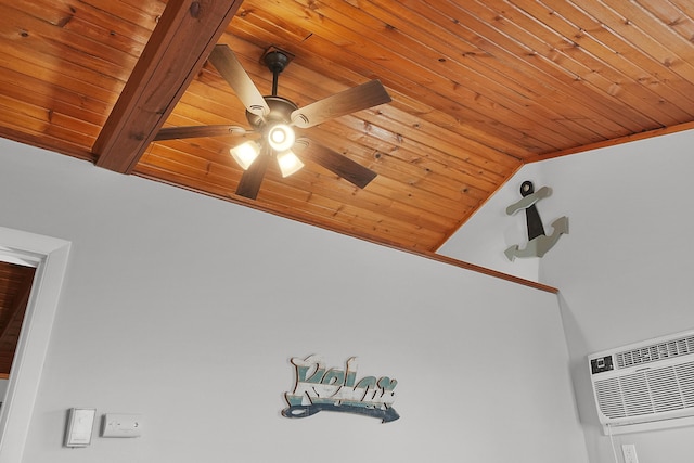 room details featuring wooden ceiling, ceiling fan, and a wall mounted AC