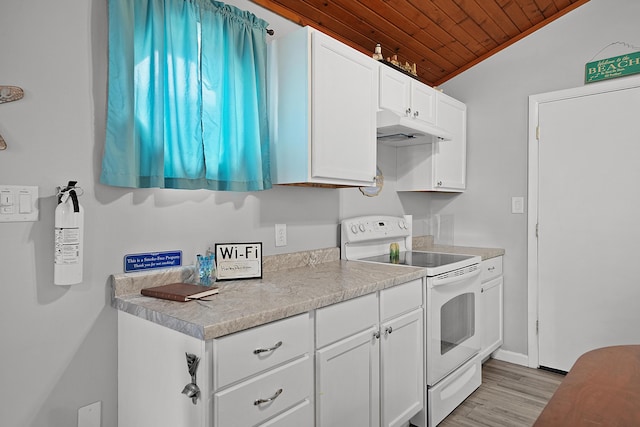 kitchen featuring white electric stove, wooden ceiling, light wood-type flooring, under cabinet range hood, and white cabinetry