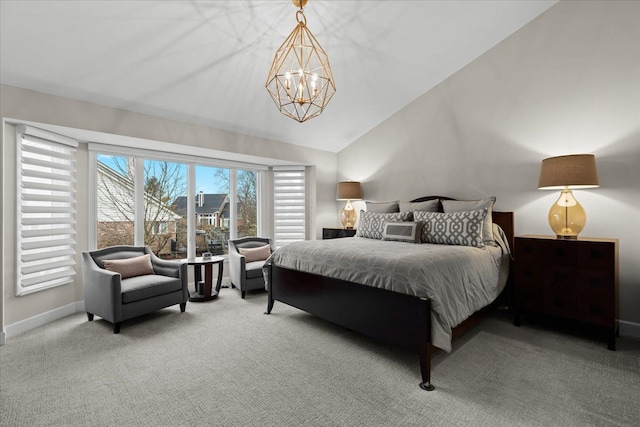 bedroom with lofted ceiling, a chandelier, carpet flooring, and baseboards