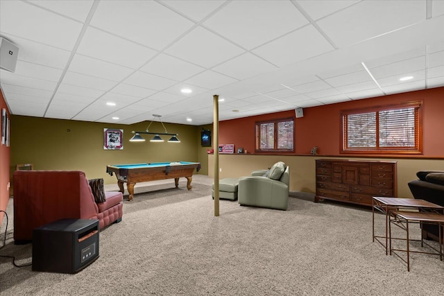 rec room with pool table, carpet flooring, a drop ceiling, and recessed lighting