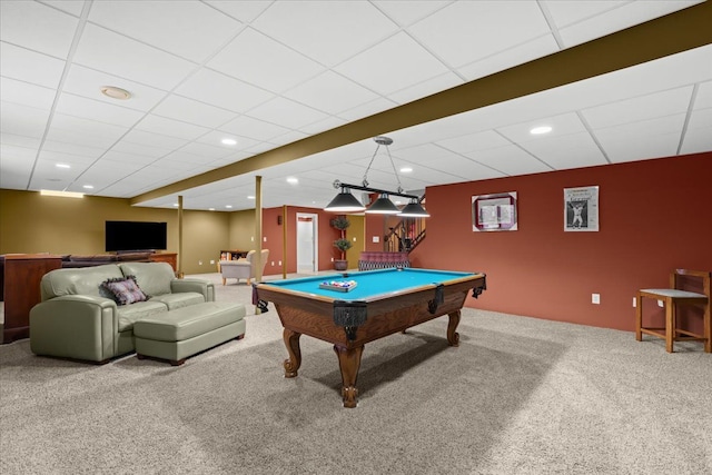 playroom featuring billiards, carpet flooring, a paneled ceiling, and recessed lighting