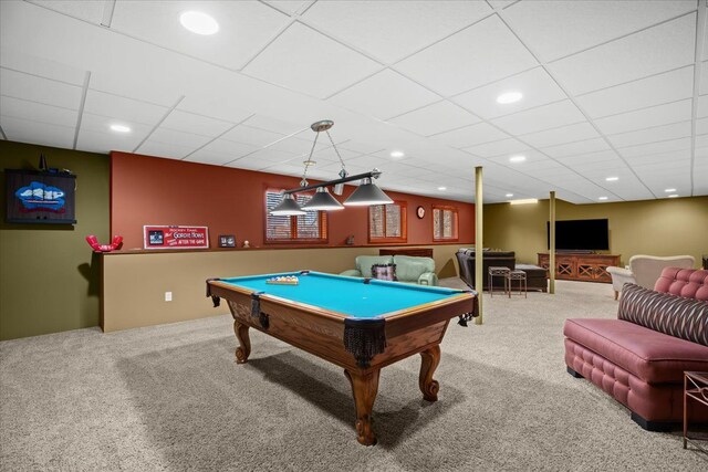 recreation room with carpet floors, recessed lighting, pool table, and a paneled ceiling