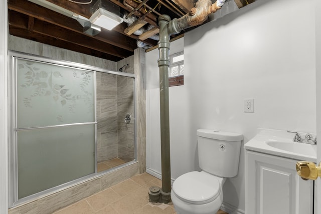 bathroom with tile patterned flooring, a shower stall, toilet, and vanity