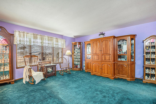 sitting room featuring carpet floors, baseboards, and a textured ceiling