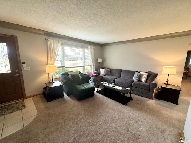 tiled living room featuring carpet and a textured ceiling