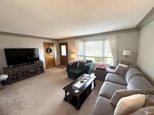 living area with light carpet and a textured ceiling