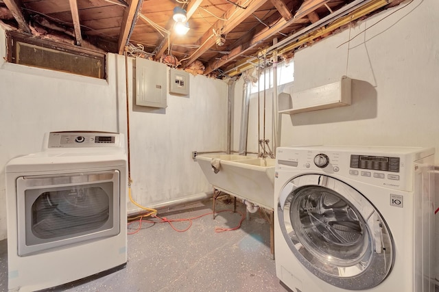 laundry area with laundry area, a sink, electric panel, and washer and dryer