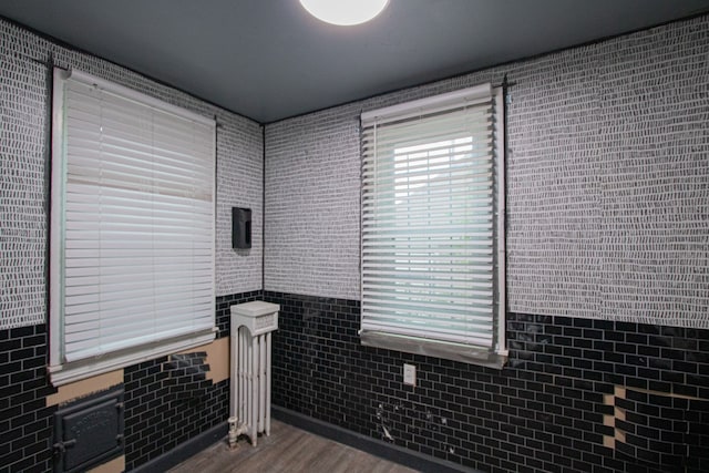 bathroom featuring wood finished floors and tile walls