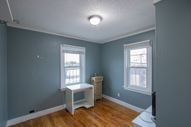 home office featuring a textured ceiling, wood finished floors, a wealth of natural light, and baseboards