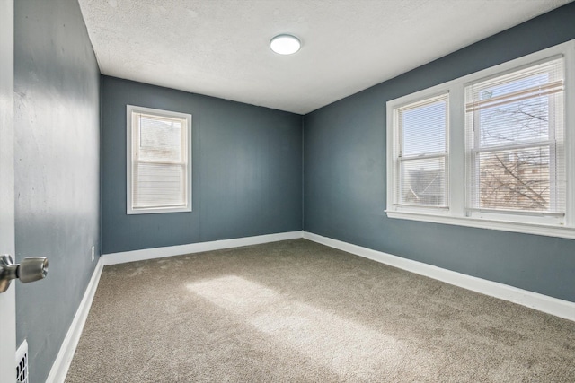 unfurnished room featuring carpet flooring, baseboards, a wealth of natural light, and a textured ceiling