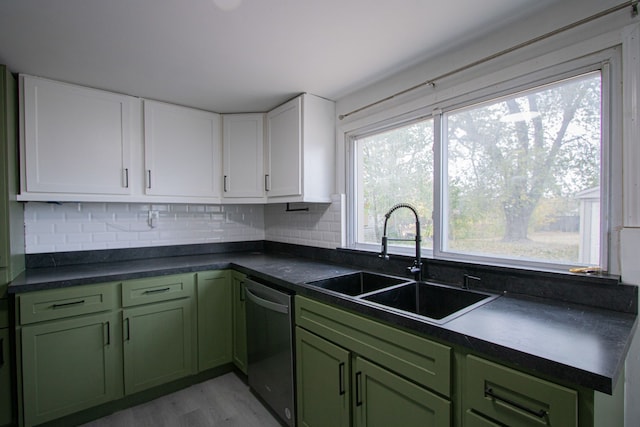 kitchen featuring a sink, white cabinetry, green cabinets, stainless steel dishwasher, and decorative backsplash