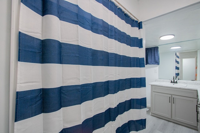 full bathroom featuring a shower with shower curtain, wood finished floors, and vanity