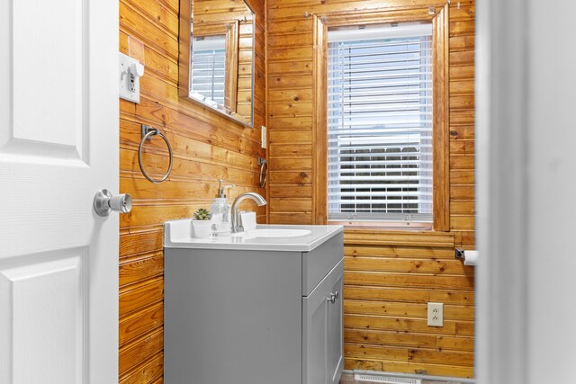 washroom featuring wooden walls and a sink