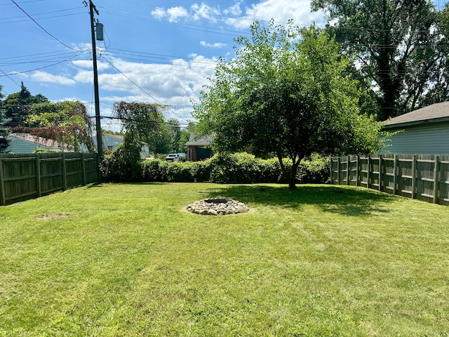 view of yard with an outdoor fire pit and a fenced backyard