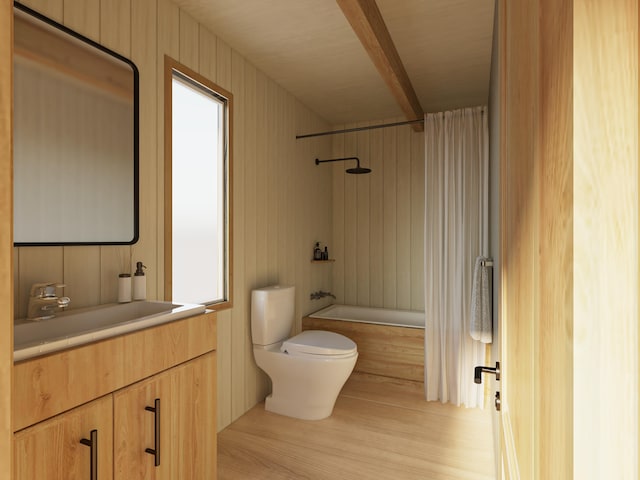 full bath with shower / bathtub combination, toilet, wood finished floors, vanity, and beamed ceiling