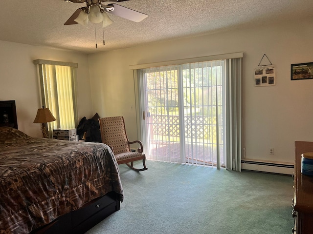 carpeted bedroom featuring a textured ceiling, access to outside, ceiling fan, and a baseboard radiator