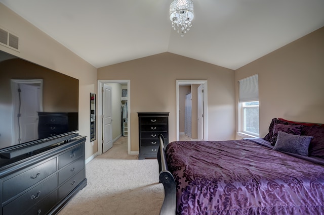 bedroom featuring visible vents, baseboards, light colored carpet, lofted ceiling, and an inviting chandelier