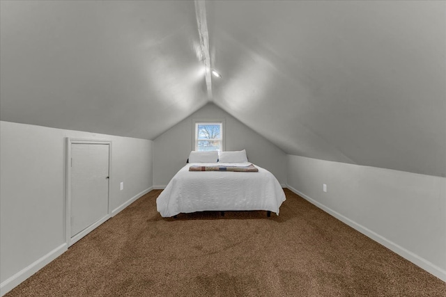 unfurnished bedroom with baseboards, lofted ceiling, and carpet floors