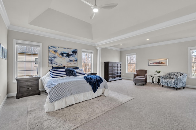 bedroom with baseboards, ornamental molding, decorative columns, and light colored carpet