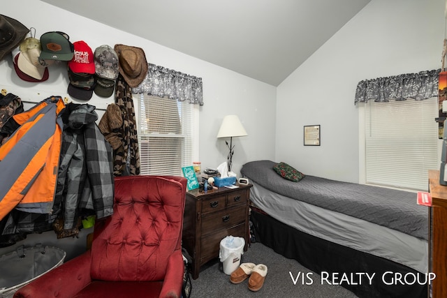 carpeted bedroom with lofted ceiling