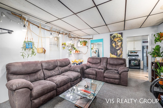 living room featuring a drop ceiling