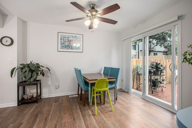 dining area with ceiling fan, wood finished floors, visible vents, and baseboards