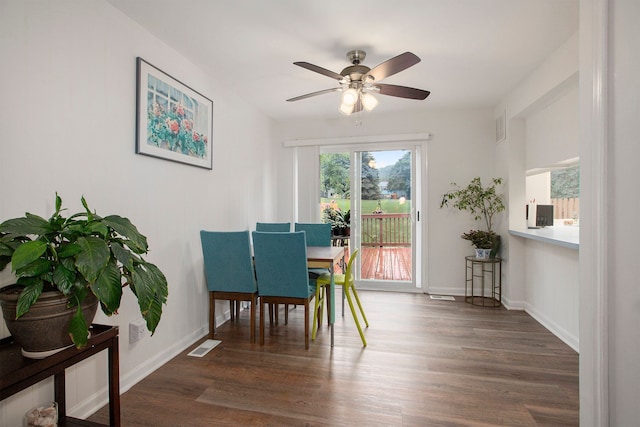 dining room with a ceiling fan, wood finished floors, visible vents, and baseboards