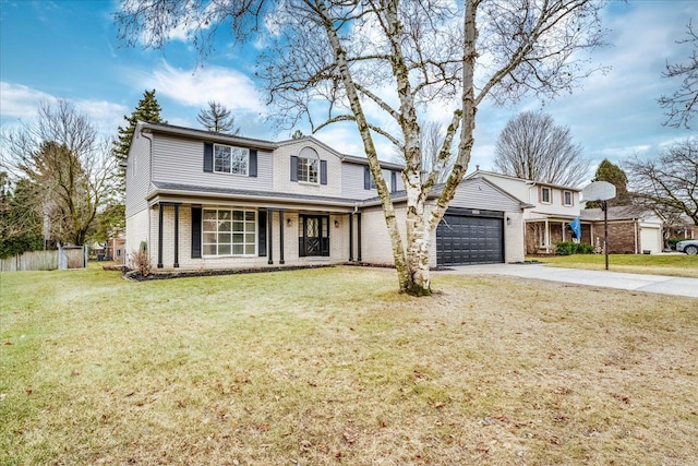 traditional-style home with driveway, an attached garage, covered porch, a front lawn, and brick siding