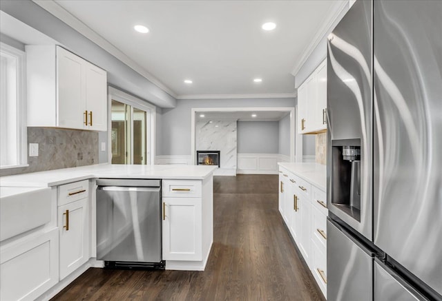 kitchen featuring a wainscoted wall, a peninsula, dark wood-type flooring, light countertops, and appliances with stainless steel finishes