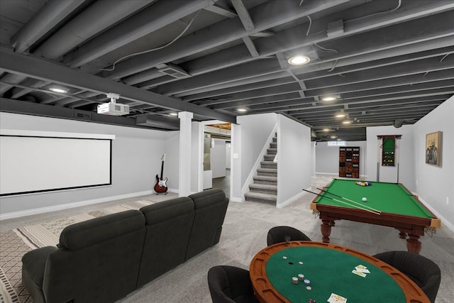 recreation room with carpet floors, baseboards, and pool table