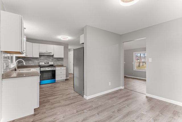 kitchen with under cabinet range hood, a sink, white cabinetry, appliances with stainless steel finishes, and tasteful backsplash