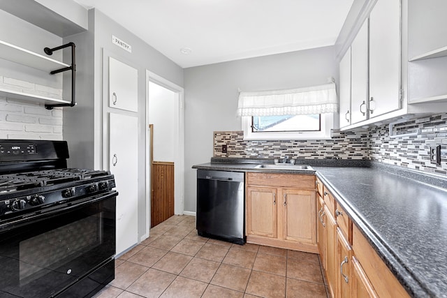 kitchen with open shelves, dark countertops, black gas range, a sink, and dishwasher