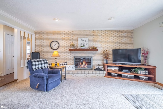 carpeted living area with a textured ceiling, a brick fireplace, and crown molding