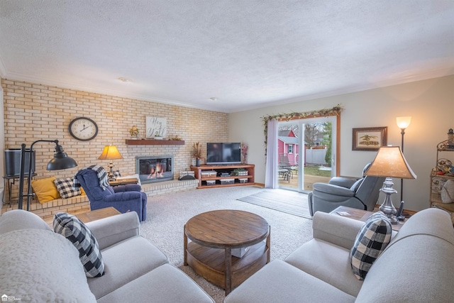 living room featuring carpet floors, a brick fireplace, baseboards, and a textured ceiling