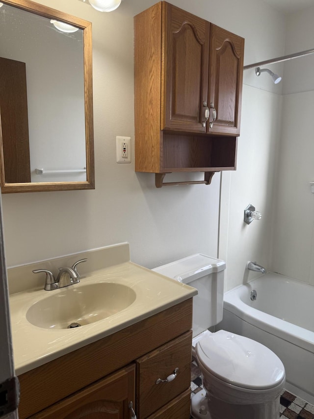 bathroom featuring shower / bathing tub combination, vanity, and toilet