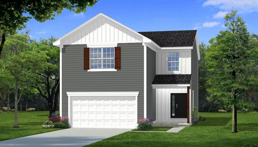 view of front of house with board and batten siding, a front yard, and a shingled roof