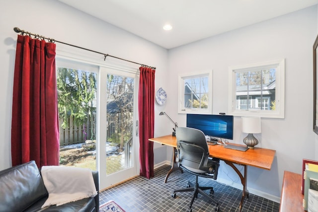 office space with a wealth of natural light, baseboards, and recessed lighting