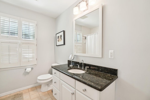 full bath featuring visible vents, toilet, vanity, baseboards, and tile patterned floors