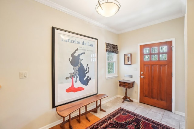 foyer featuring baseboards, light tile patterned flooring, and crown molding